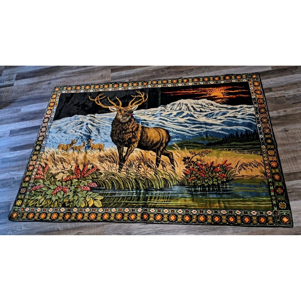 Vintage Velvet Wildlife Deer Tapestry Mountain Sunset Cabin Decor 70x48